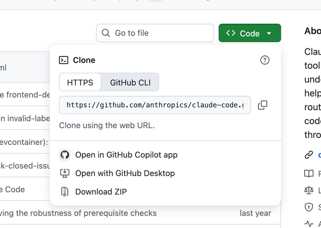 GitHub Code 버튼 메뉴 실제 화면